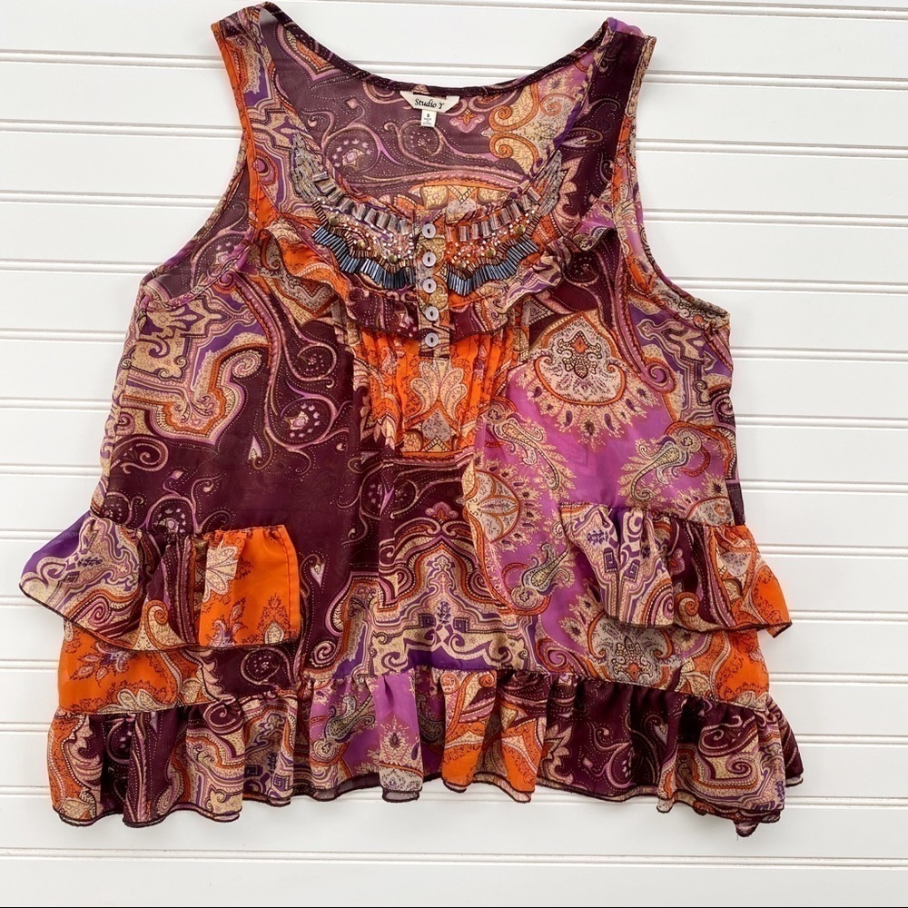 Asymmetrical hem sequins ruffle blouse Small